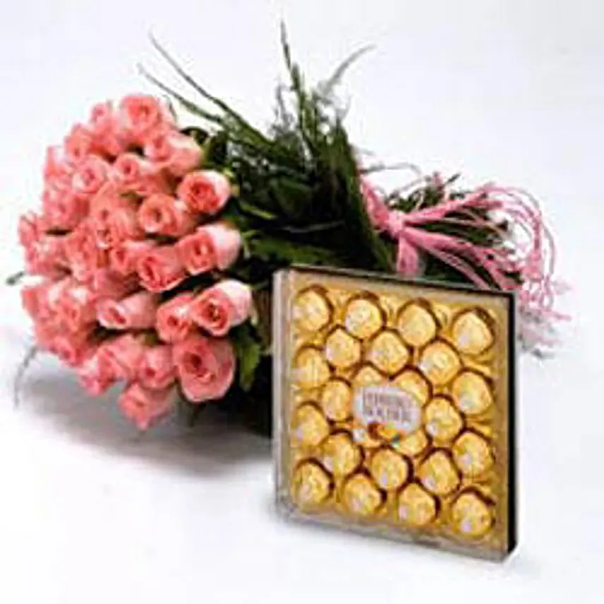 Roses With Chocolates - 30 pink roses nicely wrapped and 300gm Ferrero Rocher chocolates.