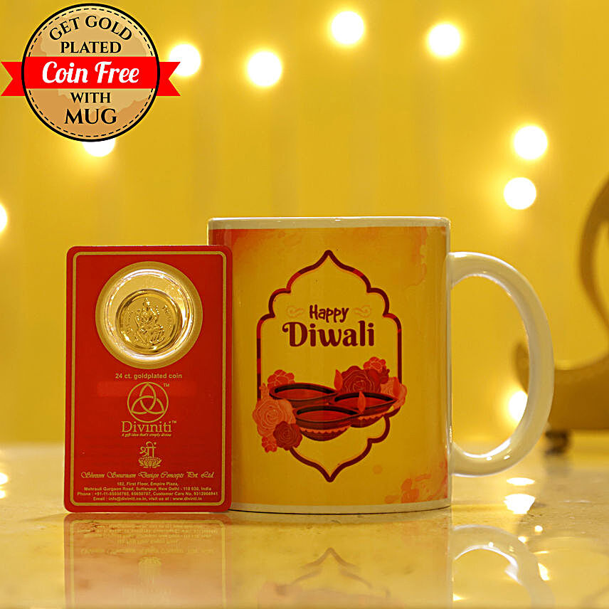 Free Gold Plated Coin With White Diwali Mug