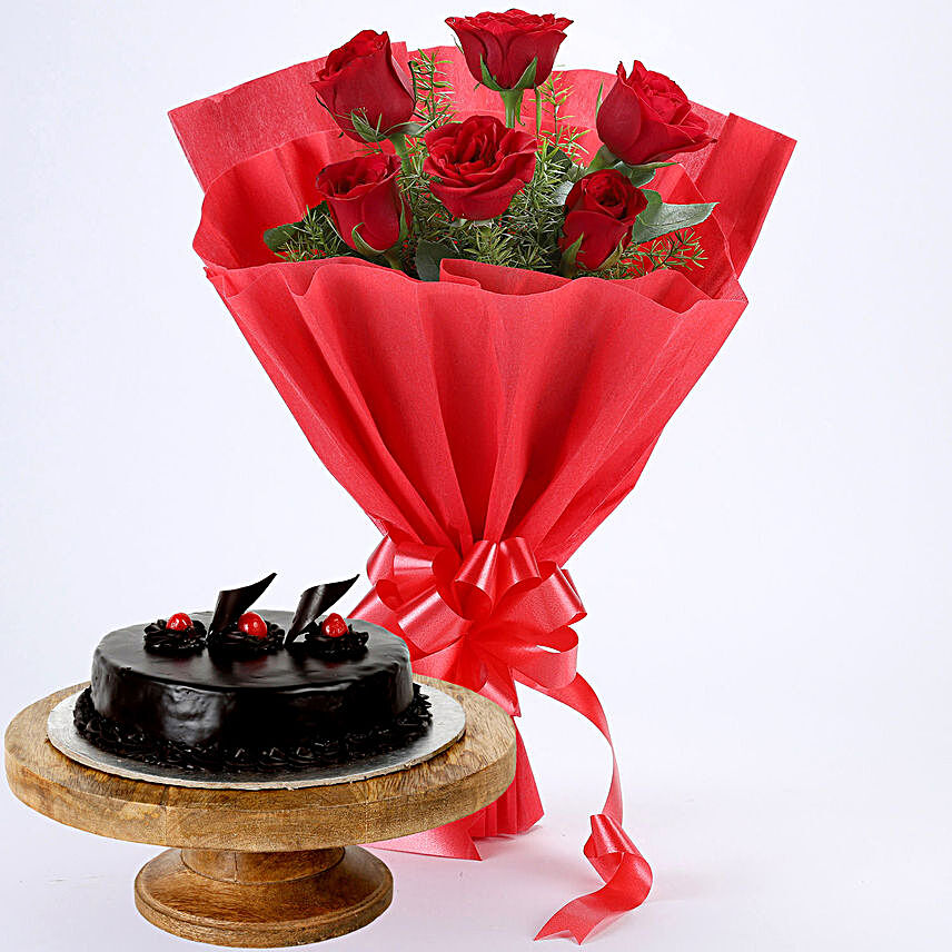 Corporate 6 Red Roses and Fresh Chocolate Truffle Cake 1.5Kg