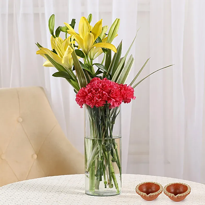 Charming Floral Vase Arrangement & Diyas Combo
