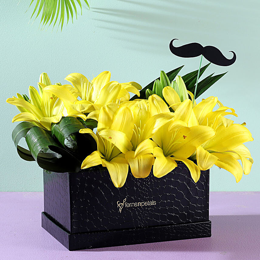 yellow lilies flower box arrangement online:Birthday Gift Ideas for Boyfriend