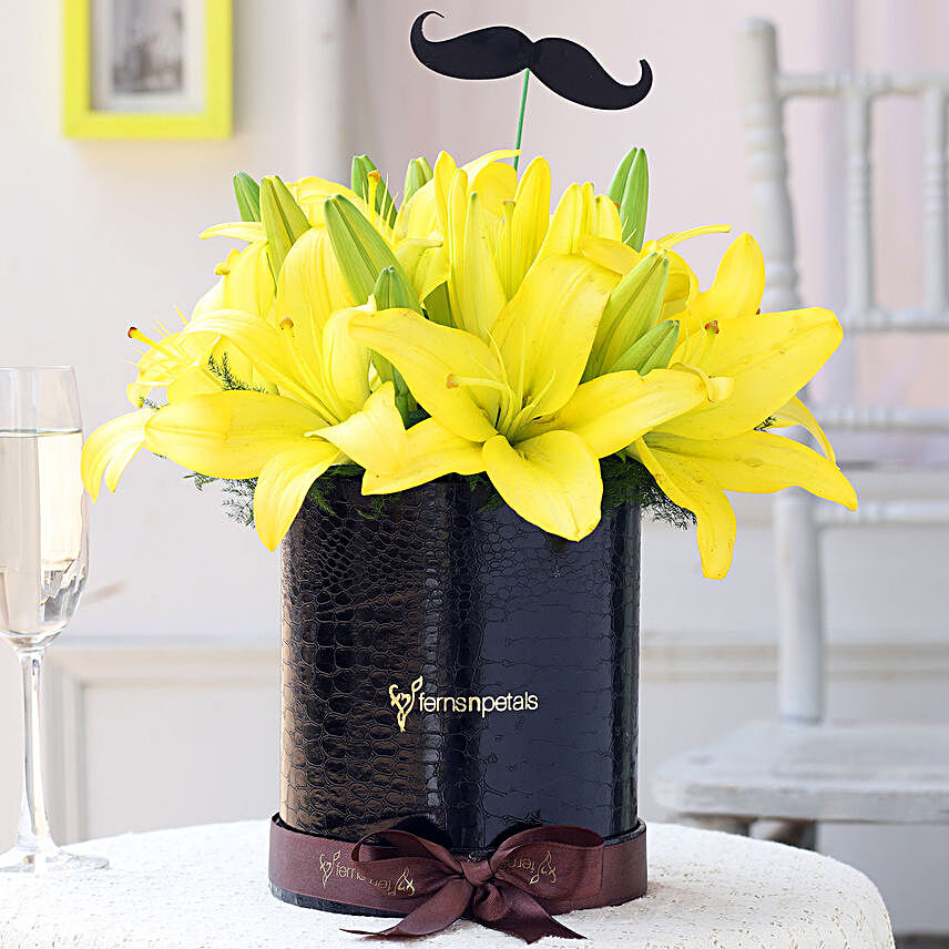 Yellow Lilies Box With Mustache Tag