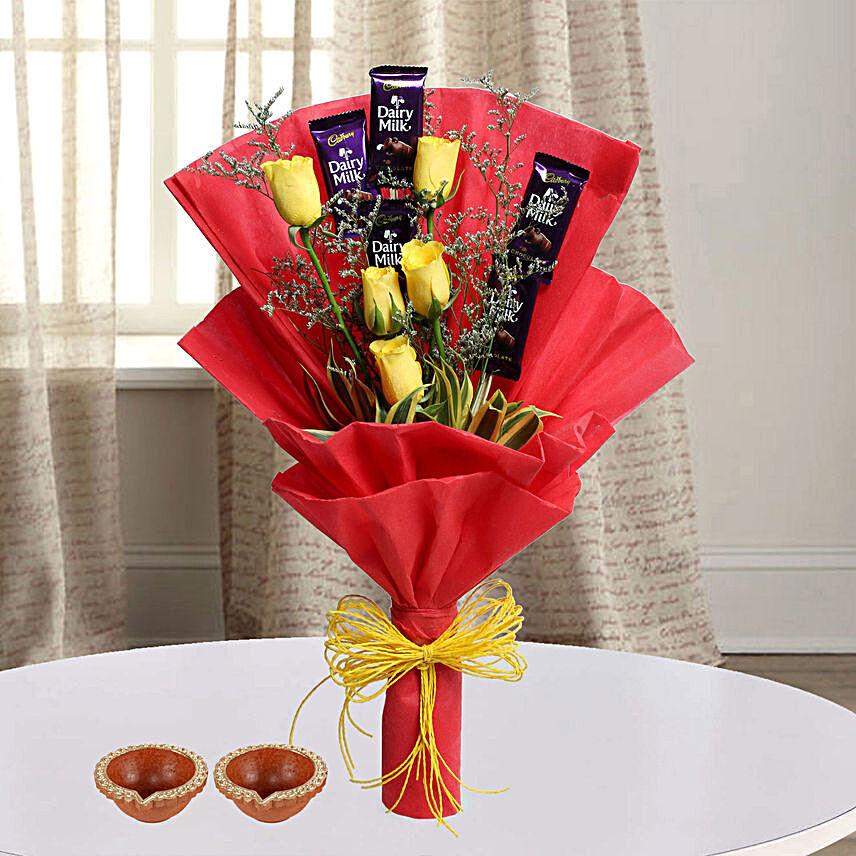 Yellow Roses & Chocolate Bouquet For Diwali