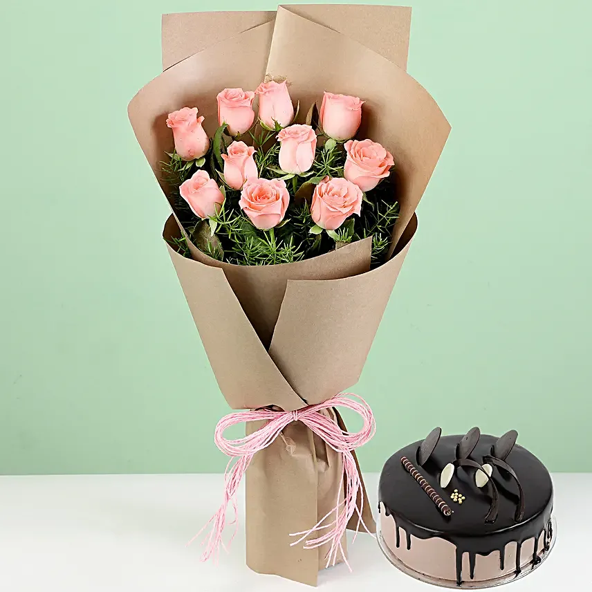 Flower and Cake Combo for Girlfriend:Pink Flowers