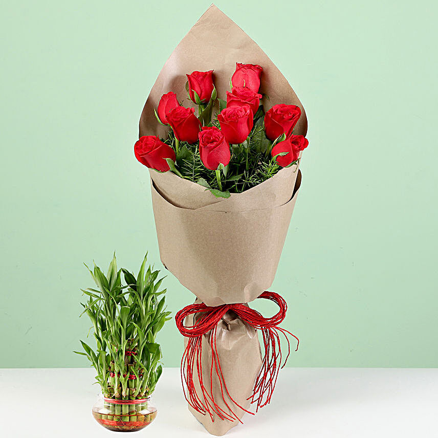 10 Red Roses Bouquet With Lucky Bamboo