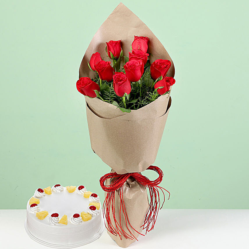 Bouquet Of Red Roses & Pineapple Cake
