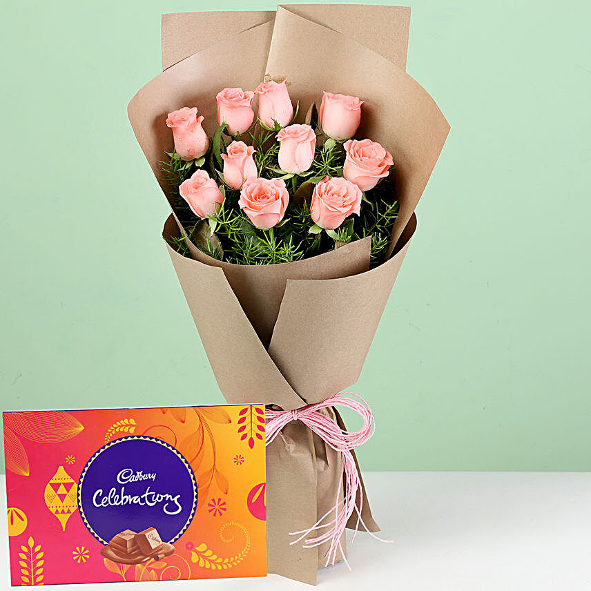 Pink Roses Bouquet With Cadbury Celebrations