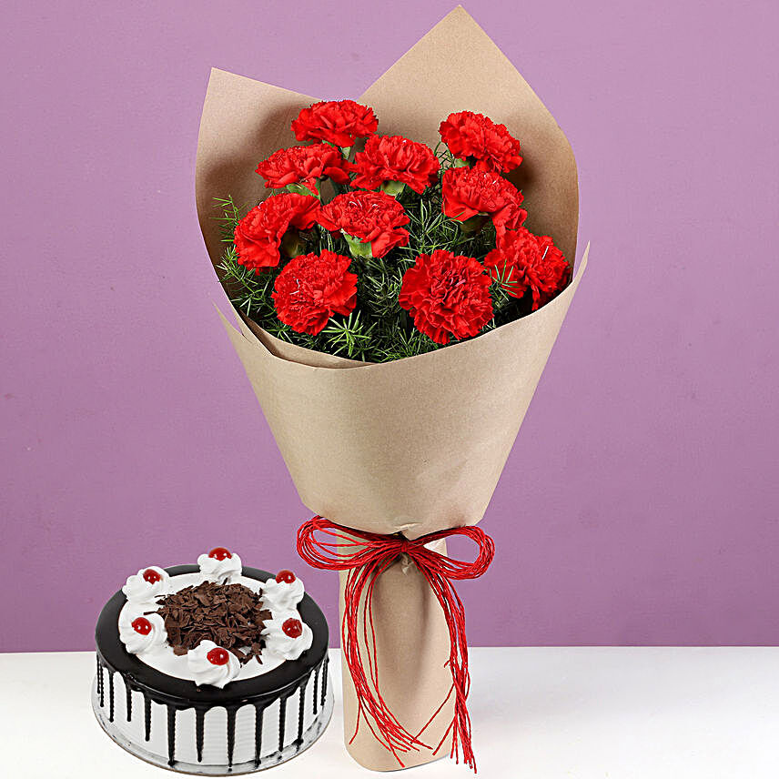 Red Carnations Bouquet & Black Forest Cake
