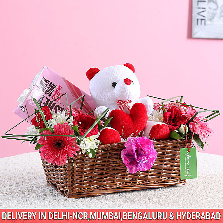 Floral Basket Of Goodies & Teddy Bear