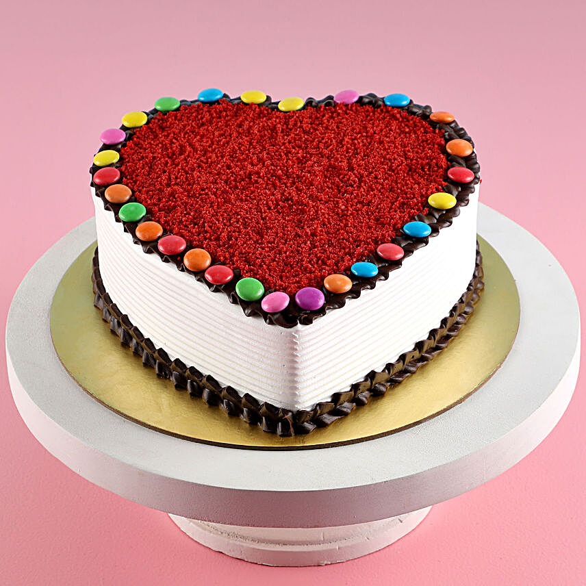 Heart Shaped Red Velvet Gems Cake:Heart Shaped Cakes for Anniversary