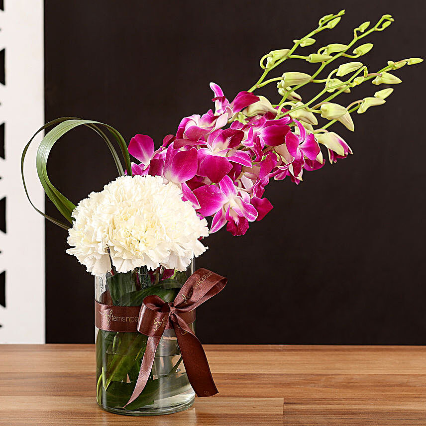 Online White Carnations and Orchids:Exotic Flower Bouquet