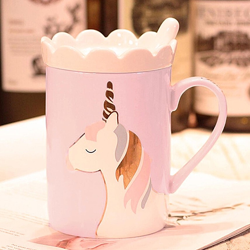 Unicorn Mug With Lid Spoon- Pink