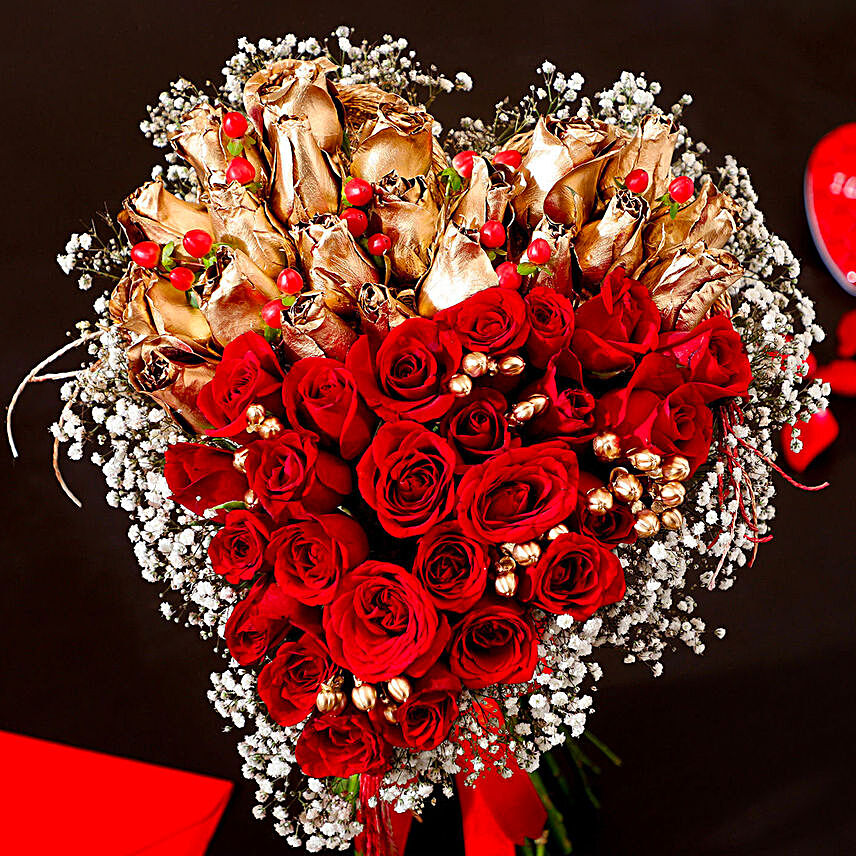 golden n red roses in heart shape arrangement online