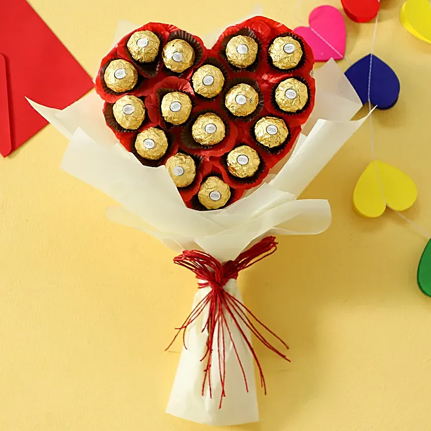 Rocher Chocolates in Heart shaped Bouquet:Sinful Ferrero Rocher Chocolates