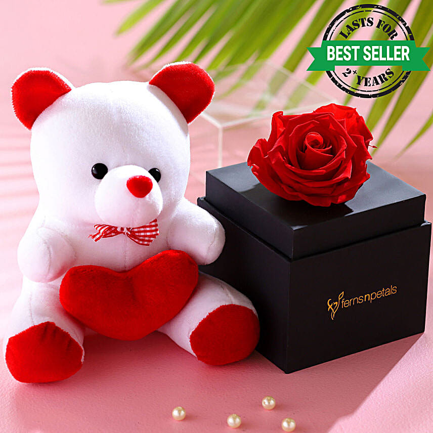 Red Forever Rose With Teddy Bear