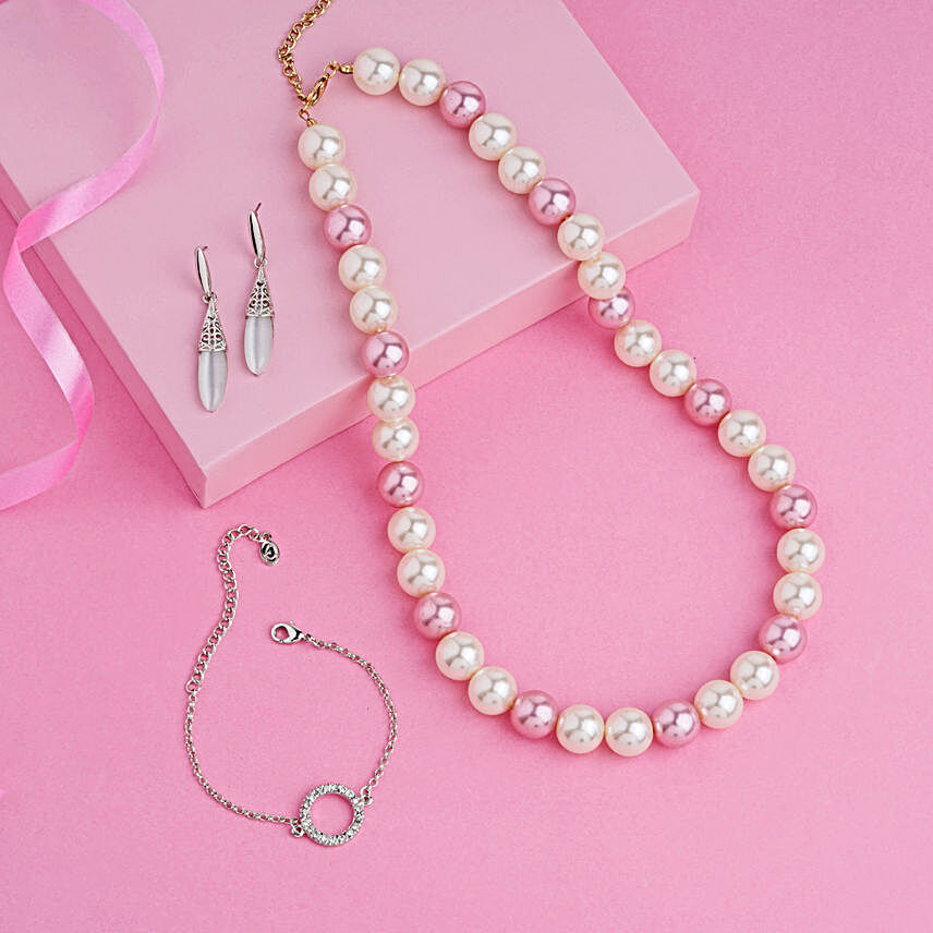 Pearl Necklace Cat Eye Earrings Bracelet Combo