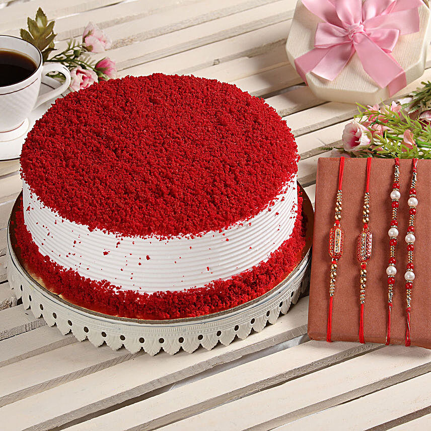 Red Velvet Cake With 4 Rakhis
