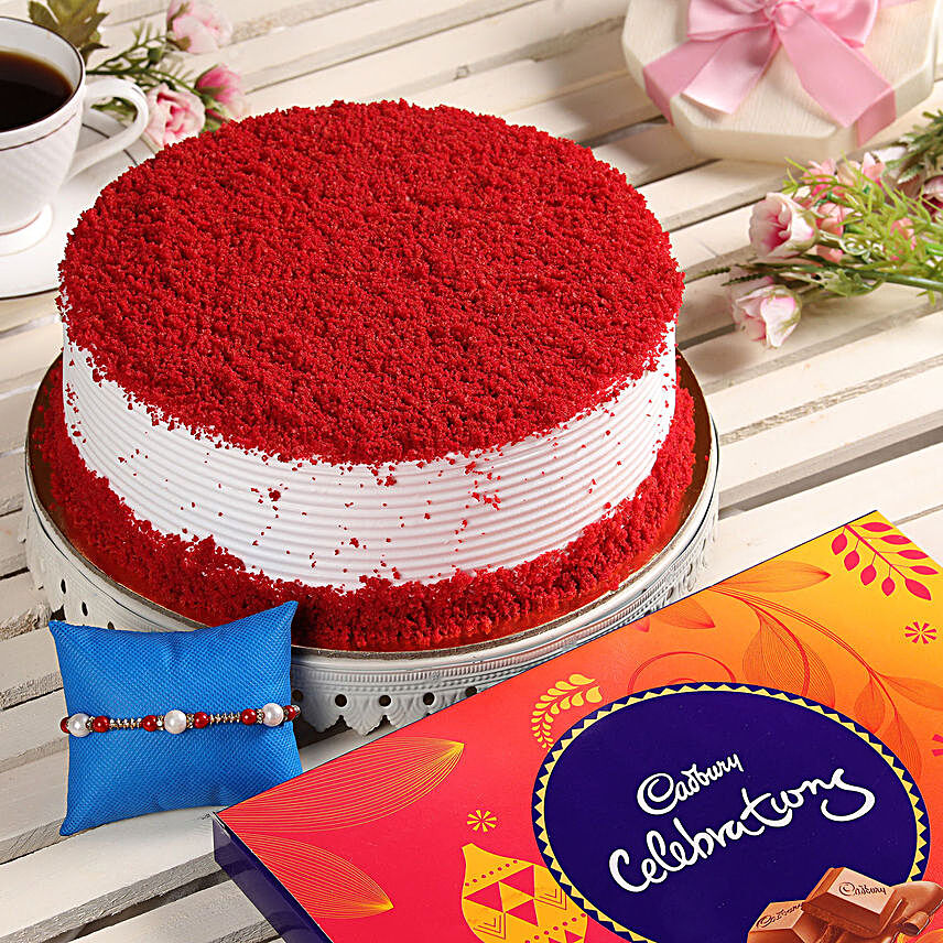 Red Velvet Cake With Rakhi & Celebration Box
