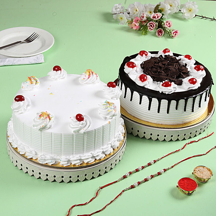 Set of 2 Rakhis With Black Forest & Vanilla Cake