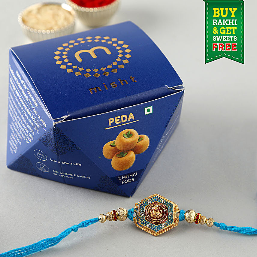 Free Misht Peda With Blue Golden Ganesha Rakhi