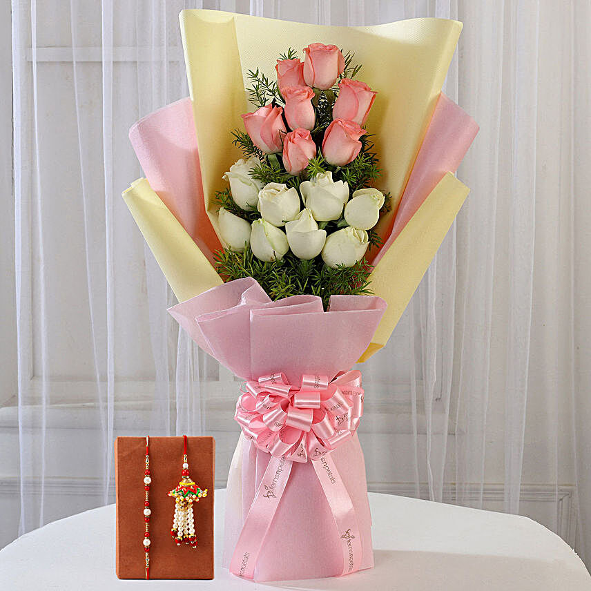 Pink & White Roses Bouquet With Rakhi Set
