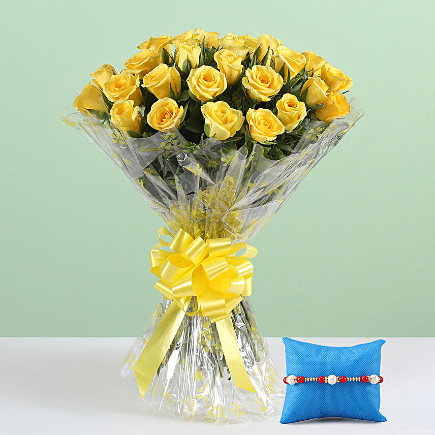 Sunshine Yellow Roses & Pearl Rakhi
