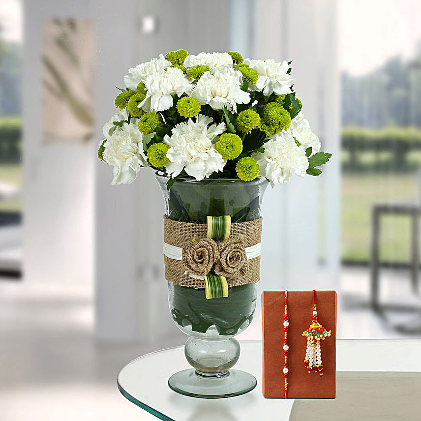 Vase Of Carnations & Rakhi Set