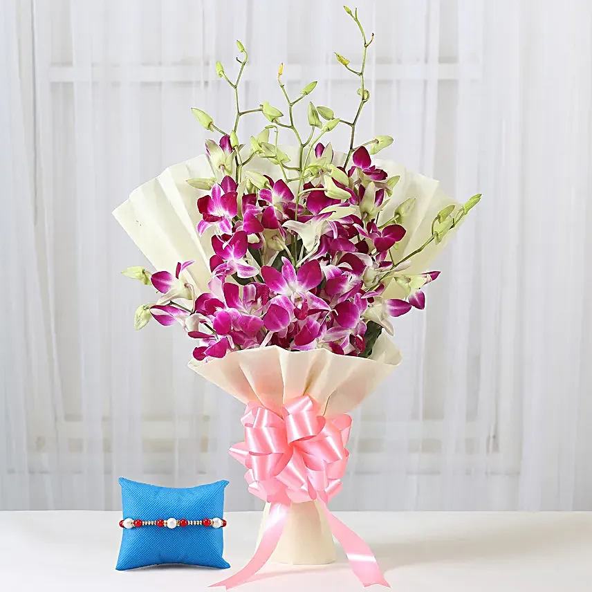 Purple Orchids Bouquet & Meenakari Rakhi