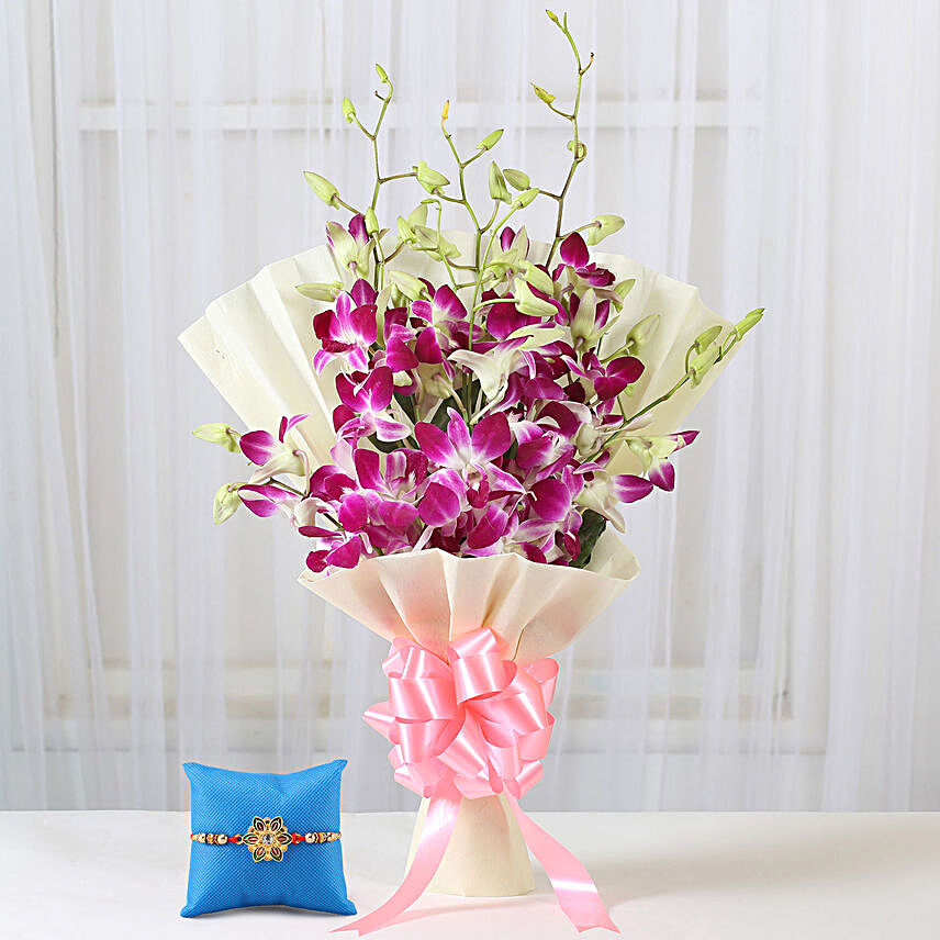 Royal Purple Orchid Bouquet & Pearl Rakhi