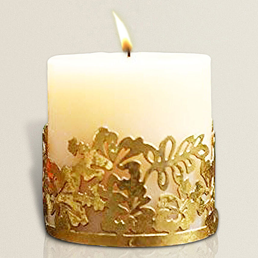 Scented Candle Pillar with Floral Metal Holder