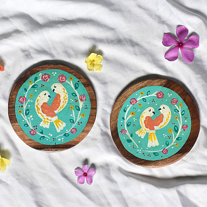 Love Birdies Handpainted Wooden Coasters