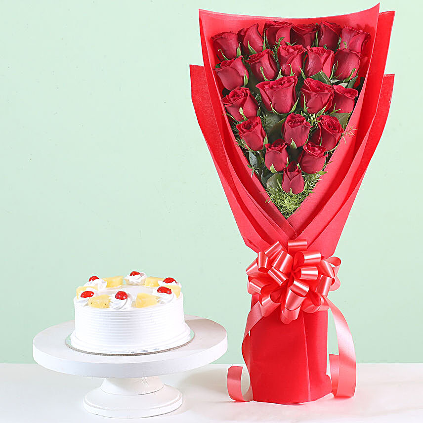 21 Red Roses Bouquet & Pineapple Cake Combo:Flower Bouquet & Cakes