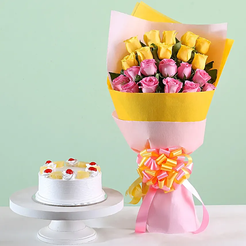 Lovely Roses Bouquet & Pineapple Cake Combo:Bunch of Flowers