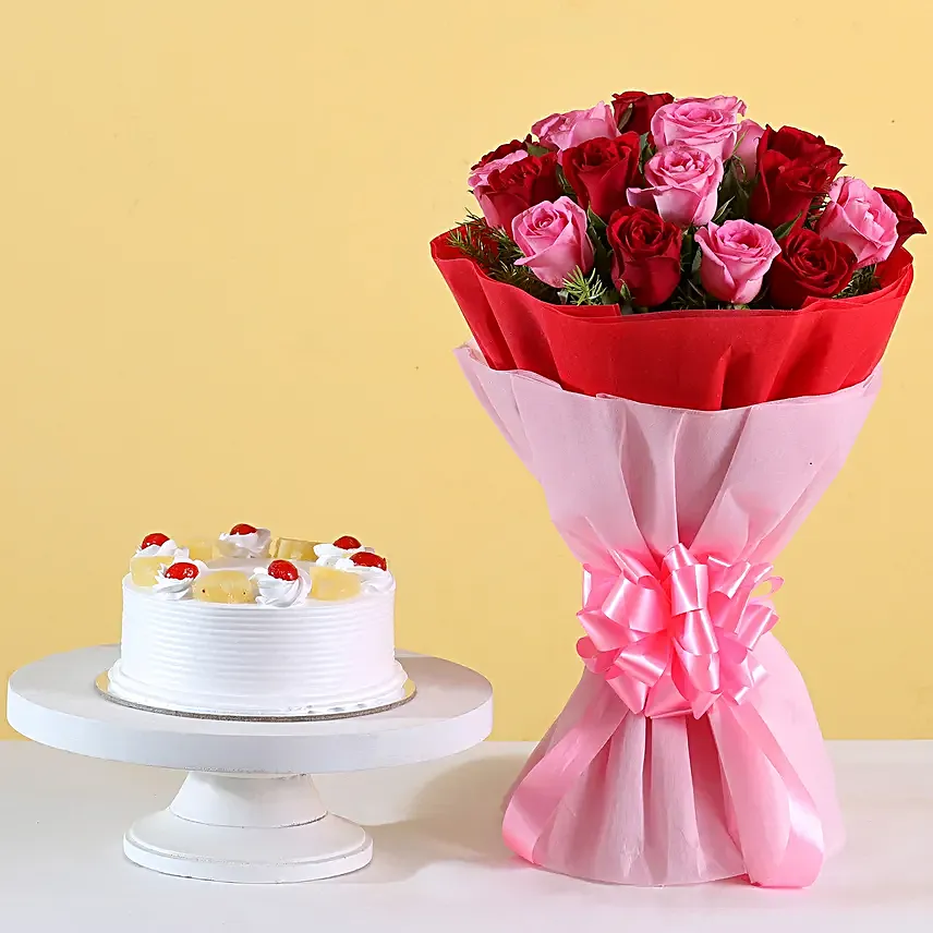Pink N Red Roses & Pineapple Cake Combo:Flowers & Cakes to Kolkata