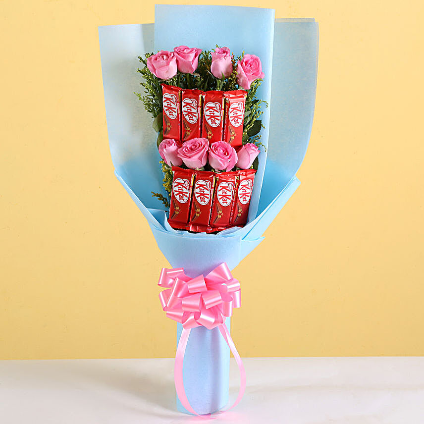 Pink Roses Bouquet & KitKat Combo:Fresh Pink Flowers