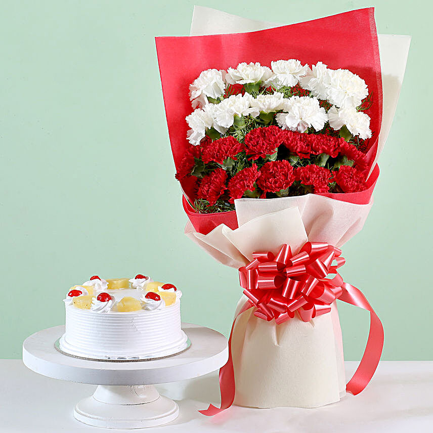 Red & White Carnations With Pineapple Cake