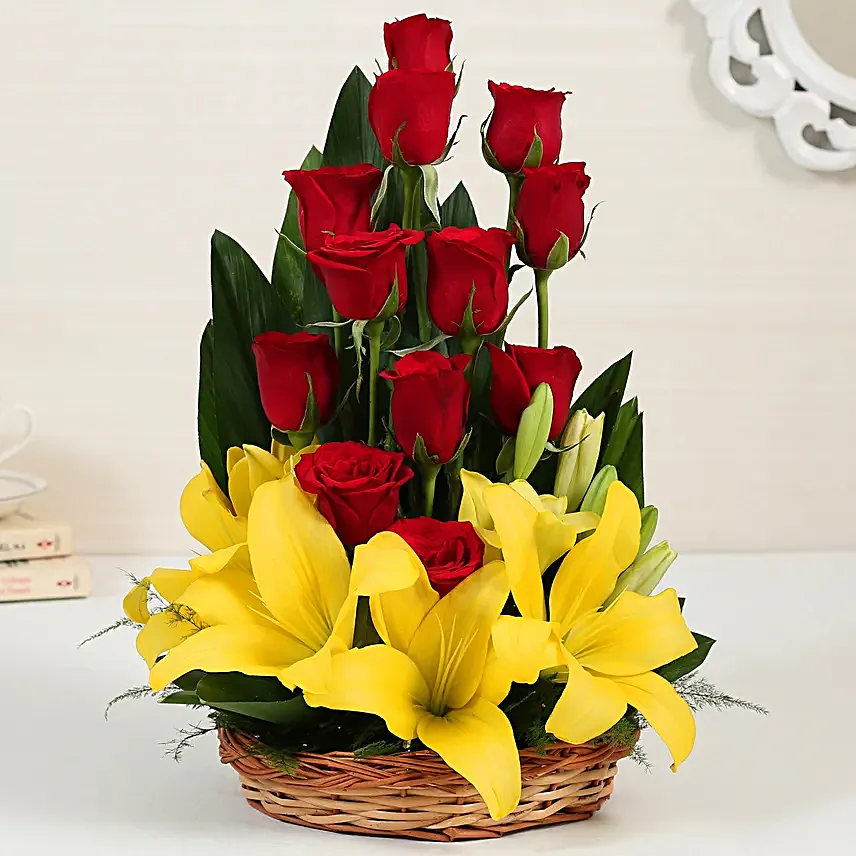 Asiatic Lilies & Red Roses Cane Basket Arrangement