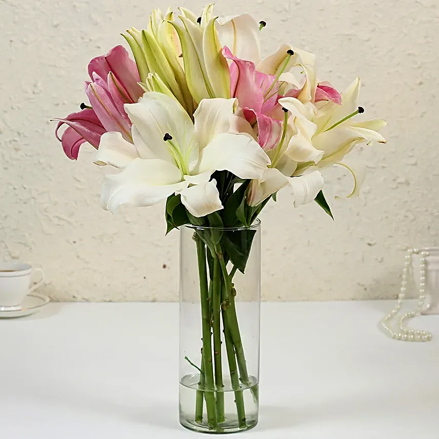 Online Pink And Whit+N63e Oriental Lilies Glass Vase