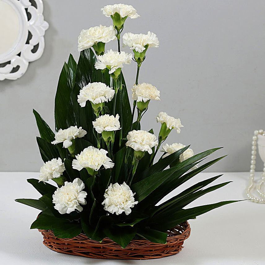 Online White Carnations Cane Basket:Flower Basket