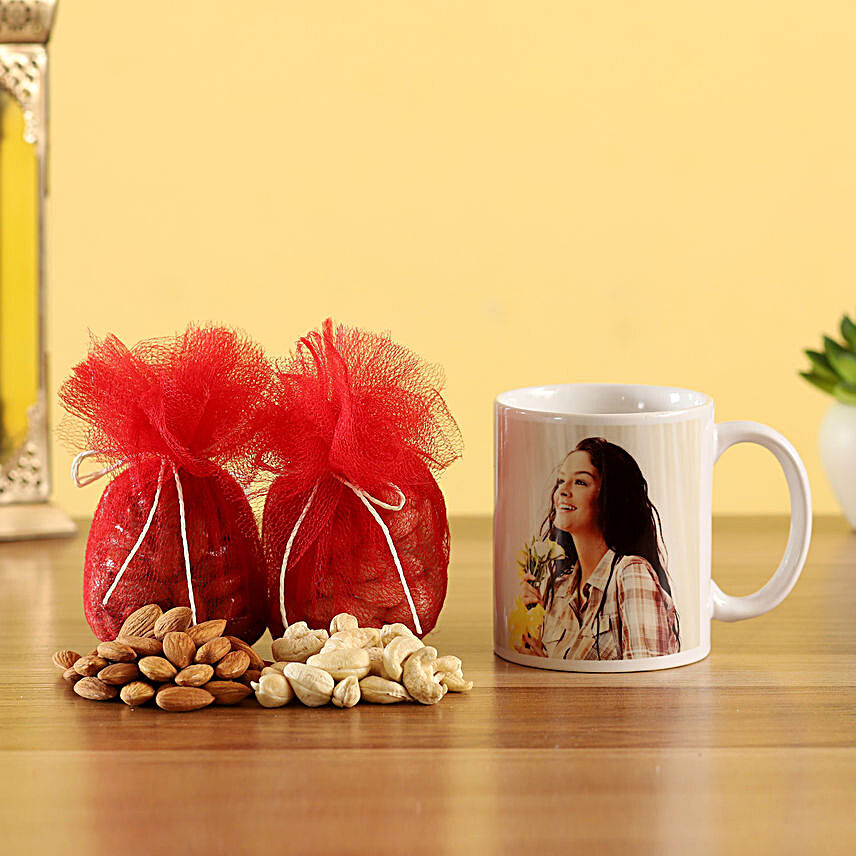Personalised White Mug With Almonds & Cashew Nuts:Dry Fruits for Karwa Chauth India