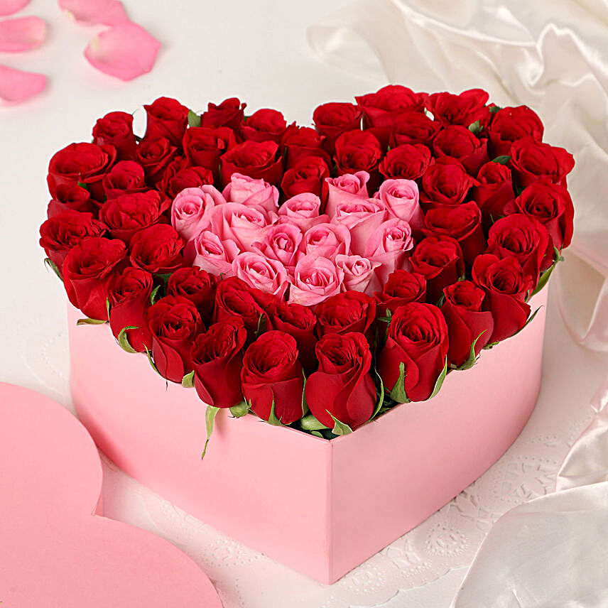 pink n red roses heart box arrangement:Heart Shaped Gifts