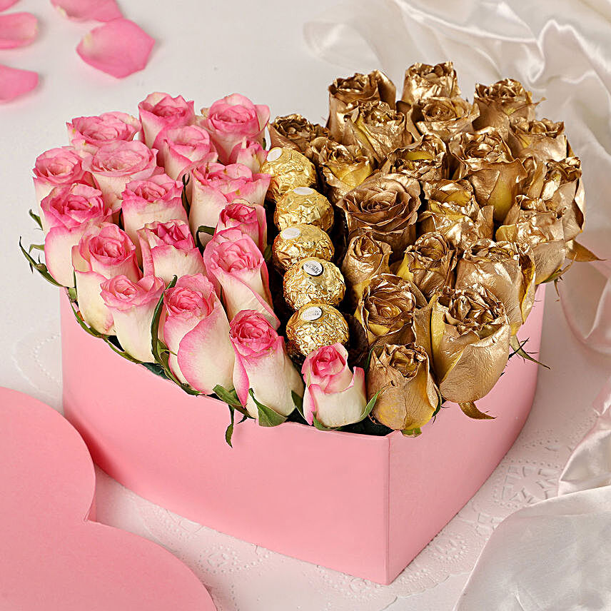 Pink and Golden Roses in Heartshaped Box:Heart Shaped Flower Arrangements