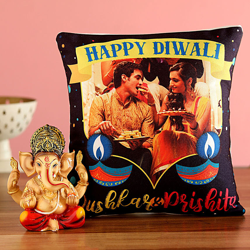 Ganesha Idol & Personalised Happy Diwali Cushion