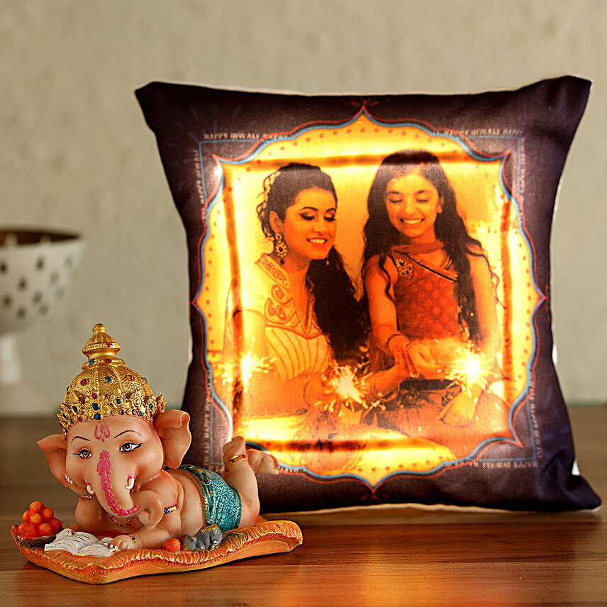 Personalised LED Cushion With Lying Ganesha Idol