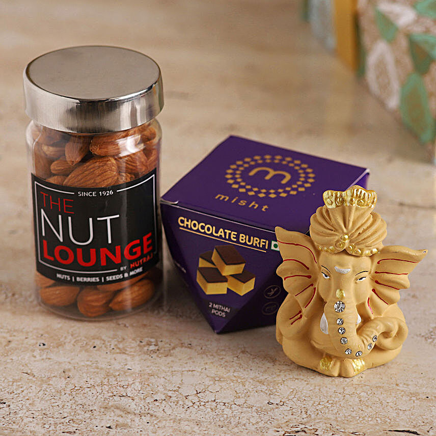 Beige Ganesha Idol With Almonds & Chocolate Burfi