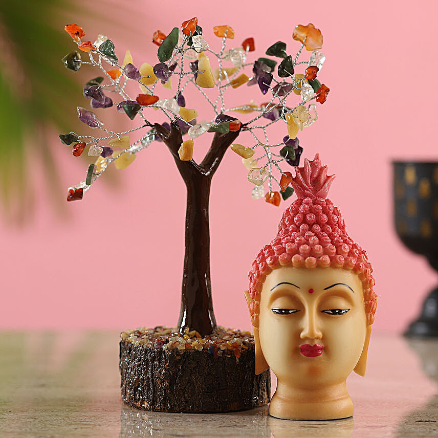 Colourful Gemstone Wish Tree & Pink Buddha Idol