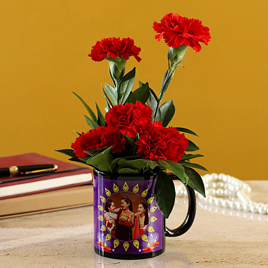 Red Carnations Bunch In Black Personalised Mug