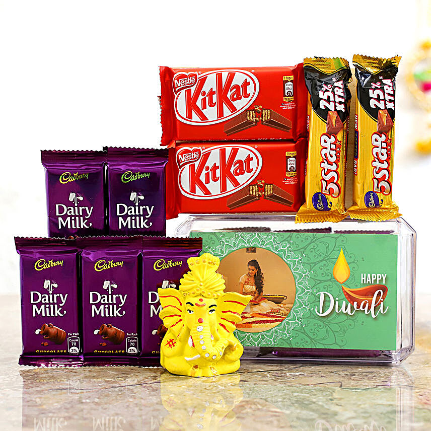Personalised Green Diwali Box & Pagdi Ganesha Idol With Chocolates