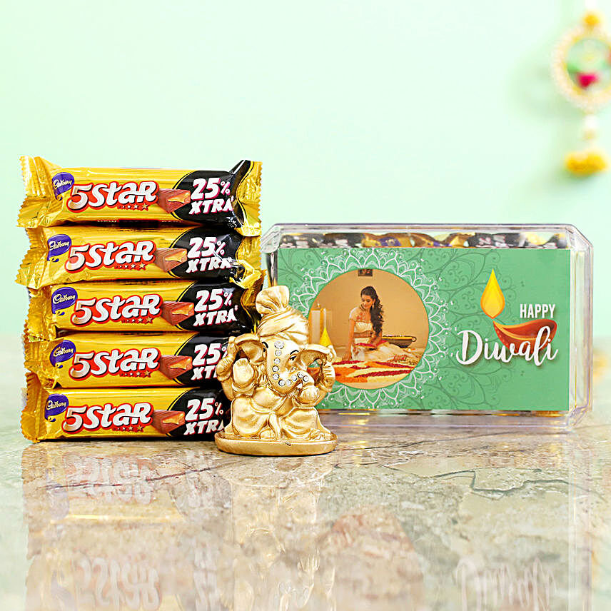 Personalised Green Diwali Box With Golden Ganesha Idol & Cadbury 5 Star Combo