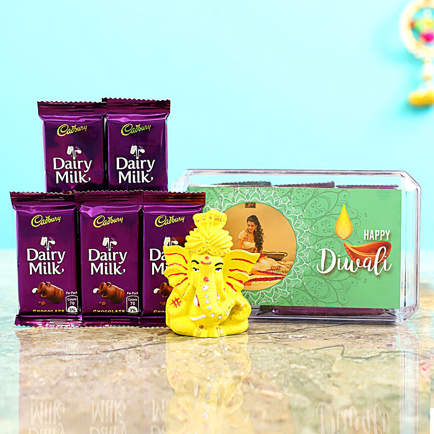 Personalised Green Diwali Box With Pagdi Ganesha Idol & Dairy Milk